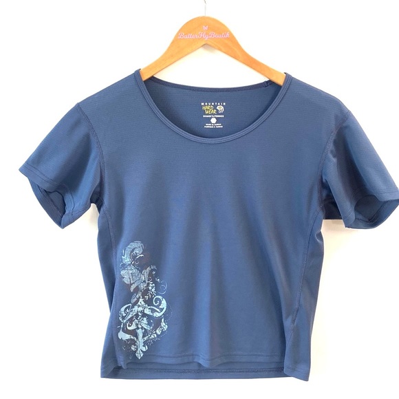 (A55) Mountain Hardwear Blue Abstract Short Sleeve Top Outdoor Hiking, Size M - Picture 5 of 7